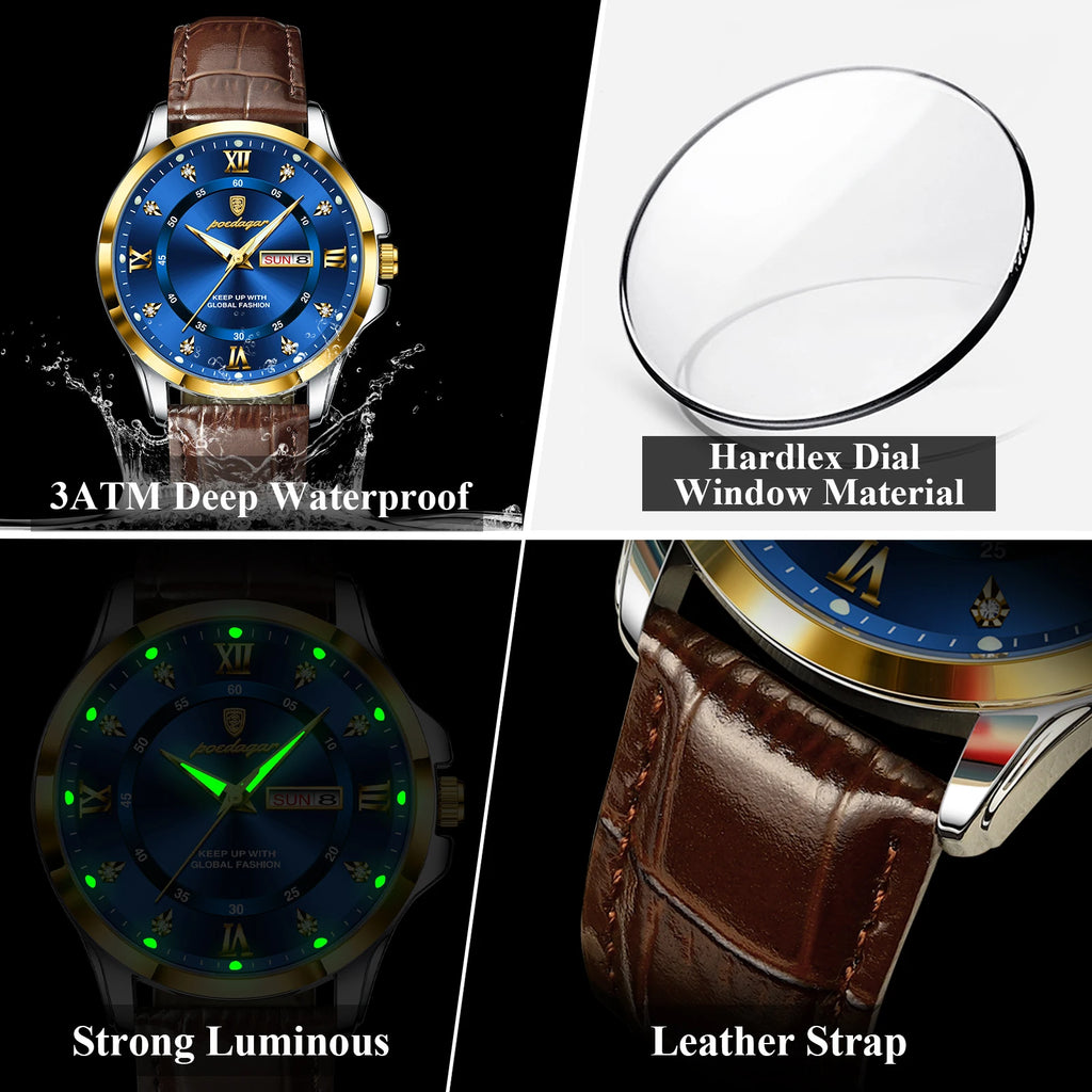 Fashion Man Watch Waterproof Luminous Date Week Business Men Watch High Quality Leather Men'S Quartz Wristwatches Reloj